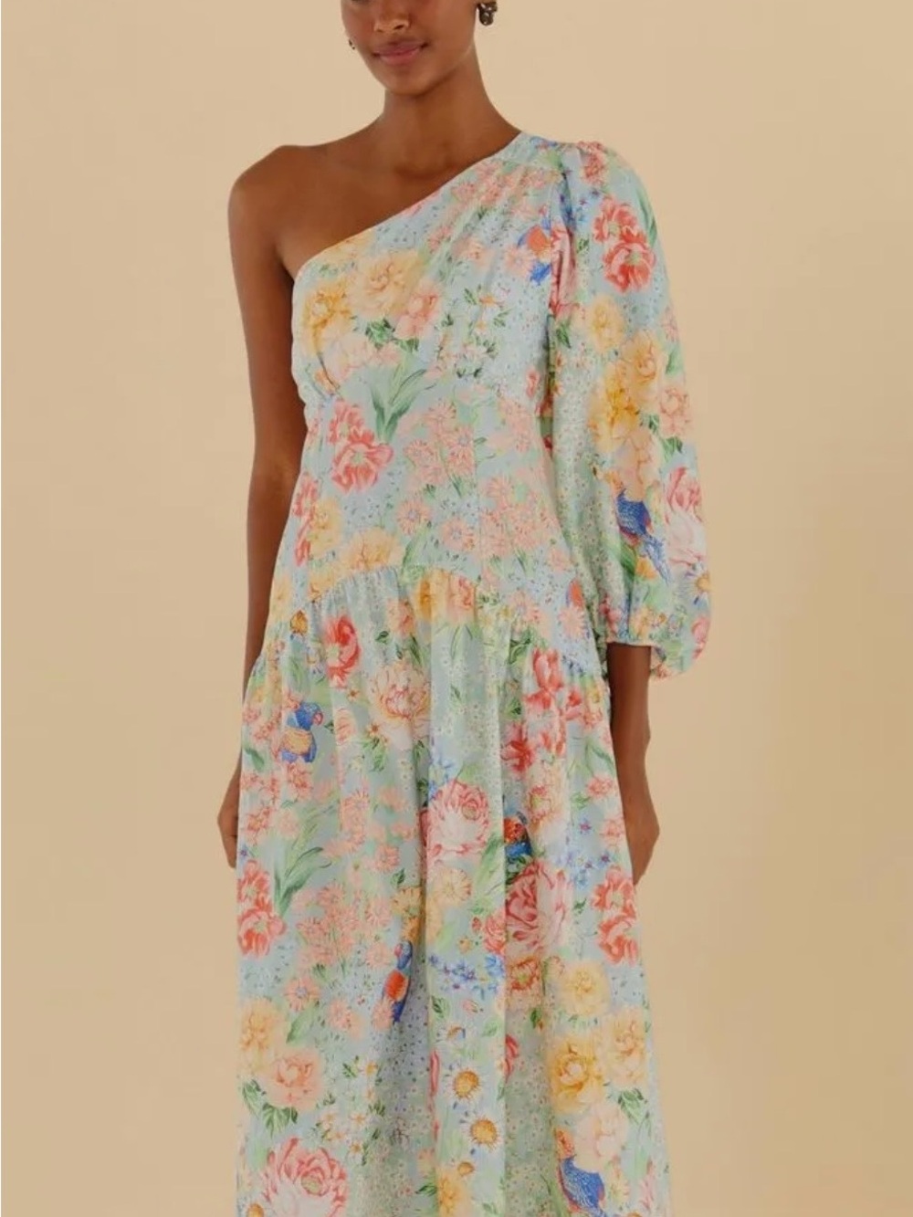 FARM Rio One-Shoulder Floral Maxi Dress in Light Blue with Multicolor Blooms